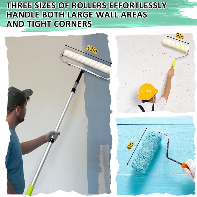 18 inch Paint Roller Kit, 22 PCS Large Paint Roller Tray with Liner, 18 inch Rollers for Painting, Rollers and Frame, 4 FT Extension Pole, Suitable for DIY Interior Walls, Rooms