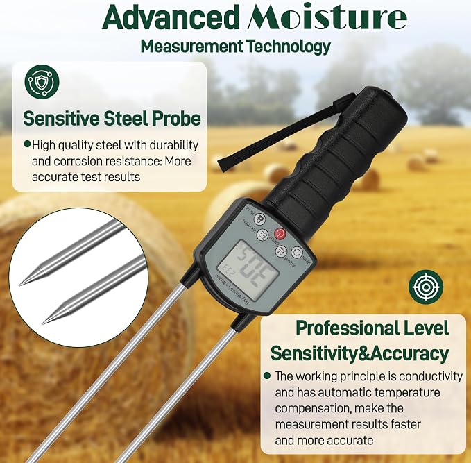 TK100H Hay Moisture Tester, Portable Accurate Hay Moisture Meter, Hay Moisture Tester Probe with Backlit Large Screen, Hay Tester Probe for Froage, Alfalfa Orchard Grass, Bales