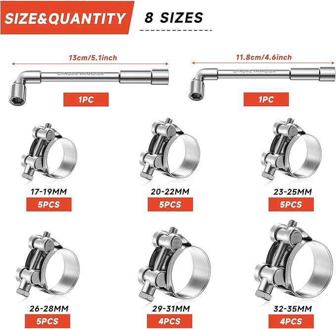 AKIHISA 30Pcs 17-35mm 6Sizes T Bolt Hose Clamps, 304 Stainless Steel Heavy Duty Hose Clamps, Constant Tension Hose Clamp, with M8 and M10 Socket Wrenches