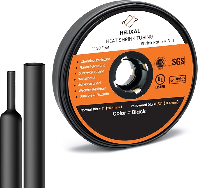 1" Heat Shrink tubing, 3:1 Ratio Wire Heat Shrink Tubing Industrial and Marine Grade, Dual Wall Adhesive Lined Wire Shrink Wrap Tubing, Waterproof Heat Shrink Tube - Black, 30 Feet Roll
