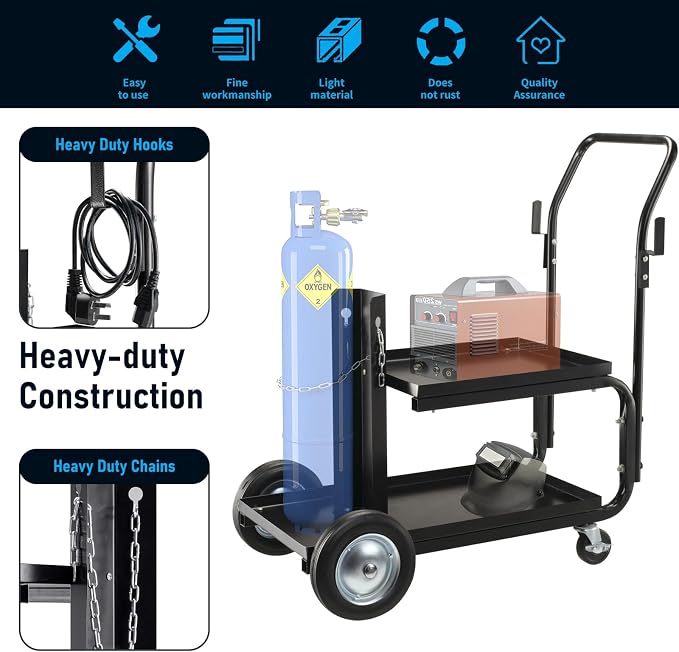 Welding Cart, MIG TIG ARC Welder Cart w/Upgraded Handle, Galvanized Casters,175lbs Capacity Portable Welding Tank cart, Plasma Cutting Machine, Larger Running Gear with Cylinder Rack