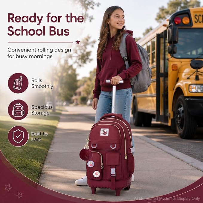 CCJPX Rolling Backpack for Girls, 21 inch Women Roller Wheels School Bookbag, Laptop Wheeled Water Resistant Wheeled Bookbag Set - Red