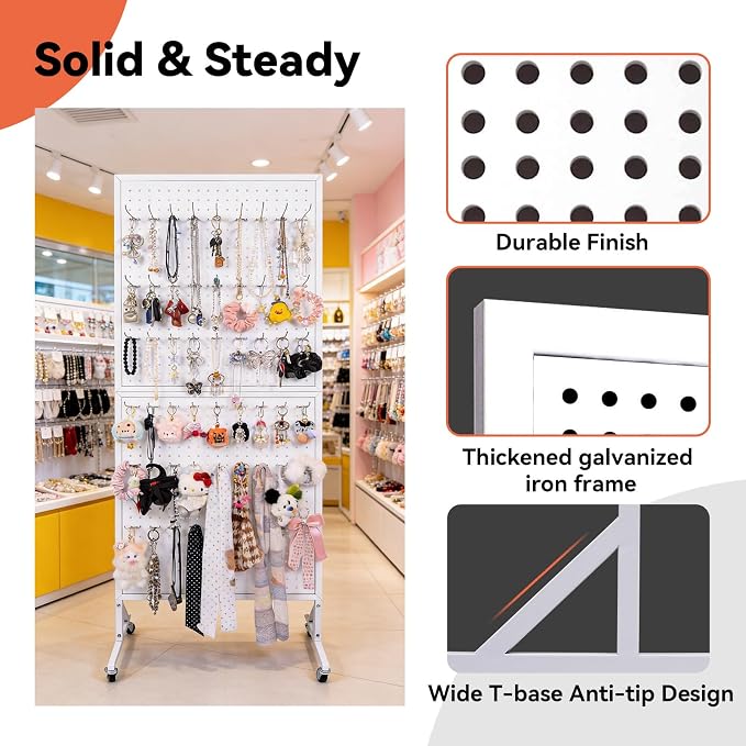 2'×5.5' Standing Peg Board Display Stand with Wheels & 30 Hooks & T-Base, Metal Portable Heavy Duty Pegboard Display Rack with Locking Casters for Retail Store, Craft Show, Vendors, Art Display White