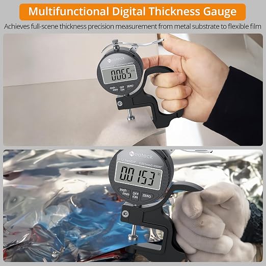 Neoteck Digital Thickness Gauge 0.5inch/12.7mm,0.00005inch/0.001mm LCD Display with Inch/MM Conversion One-Hand Quick Press Thickness Measuring Tool for Leather Paper Fabric Film etc.-Silver-Black