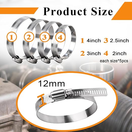 20pcs Silver 304 Stainless Steel 40-108mm(2 Inch-4 Inch) Hose Clamps Assortment Adjustable Worm Gear Kit, for Fuel Lines, Automotive System,Dryer Vent and Water Pipes