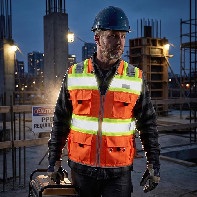 Surveyor Safety Vest with 8 Pockets, ANSI Class 2 High Visibility Vest for Men & Women