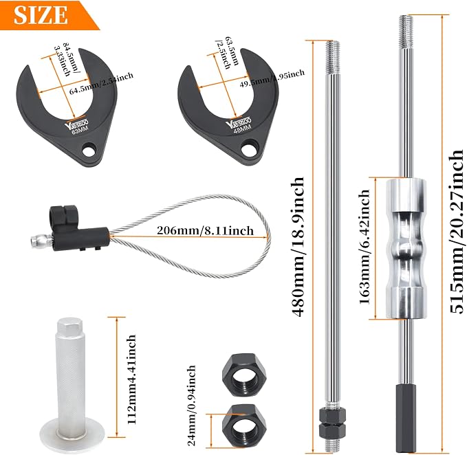 9 PCS Inner CV Axle Removal Tool, Heavy Duty Slide Hammer Puller Set, 63mm 48mm CV Joint Fork, Steel Cable Adapter, Extension Rod, Front Wheel Drive Axle Half Shaft Removal Tool Kit