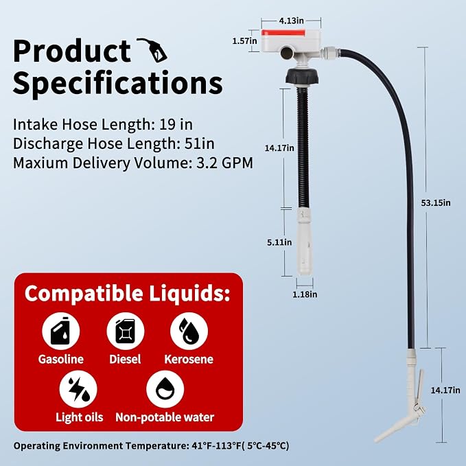 Fuel Transfer Pump (3.2GPM), 51" Hose Automatic Gas Pump Transfer with 4 Gas Can Fittings, USB and Battery Powered Portable Siphon Pump for Oil, Gasoline, Diesel (Hand-Trigger Nozzle w/Rubber Hose)