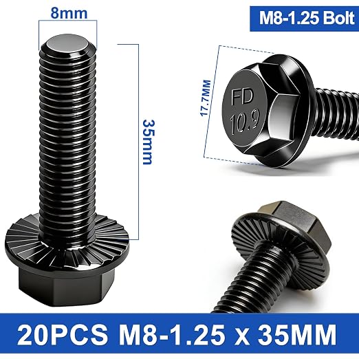 Taiss 20PCS M8-1.25 x 35mm Metric Flange Hex Head Bolts,Hex Drive Screws 10.9 Black Zinc Plated Alloy Steel,m8x1.25 Bolt,Full Thread Hex Bolts