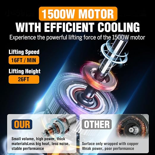 3-in-1 Electric Hoist Winch with Wire Wireless Remote Control,1100lb Portable Electric Power Winch,1500W Electric Hoist Crane,26FT Lifting Height, for Warehouse, Lifting Towing, Garage