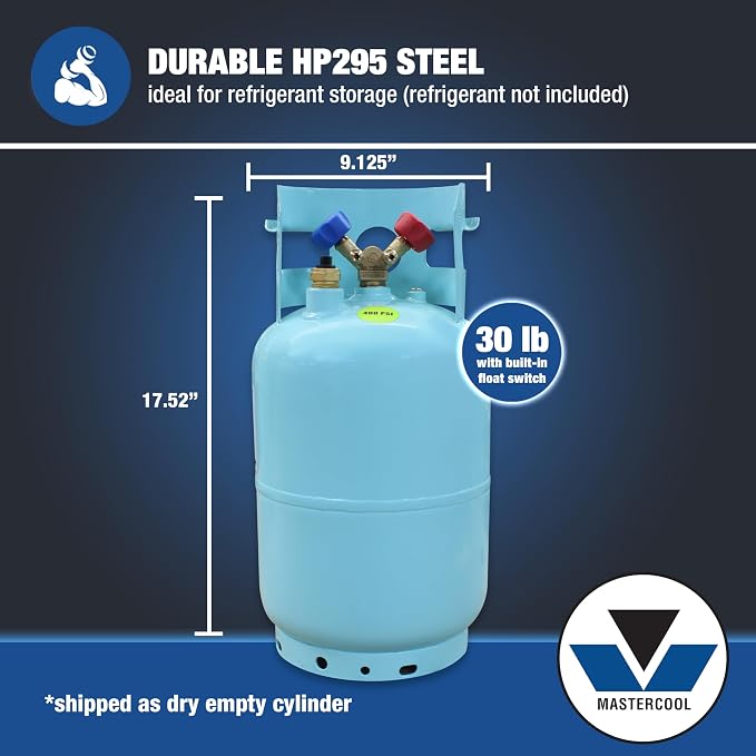 Mastercool 67010 30 lb Refrigerant Recovery Cylinder with Float Switch, DOT-Approved, 1/2" Acme Connections, HP295 Steel, Blue (No Refrigerant Included)