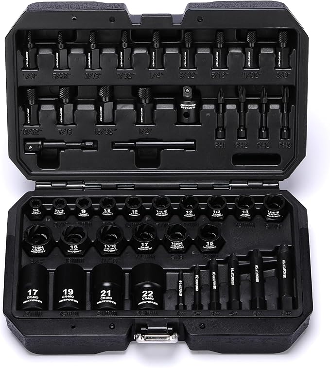 MIXPOWER 46-Piece Impact Bolt Extractor Socket Set,Bolt & Nut Remover Socket Tool Kit, Stripped Bolt Extractor for Damaged Screws and Bolts