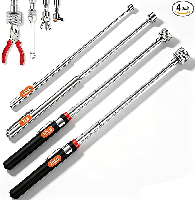 4Pcs Telescoping Magnetic Pickup Tool 1.5LB 3LB 10LB 15LB Extendable Magnet Stick Set Grabber Tools Stainless Steel Portable Bolt Screws Reacher Magnetic Nail Picker for Men Husband Birthday Christmas