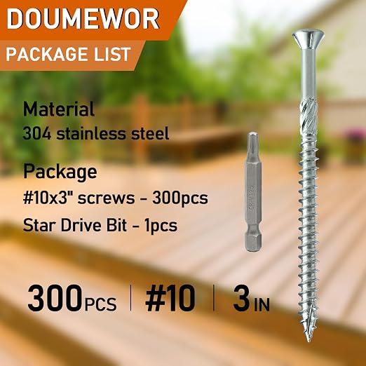 300pcs 304 Stainless Steel Deck Screws #10 x 3'' with Star Torx Drive Flat Head | Exterior Wood Structural Screws 3 Inch Rust Resistant Corrosion Resistance New