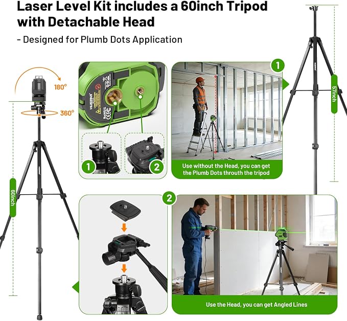 Laser Level with Tripod 60 Inch, Huepar Self Leveling Laser Level with 2 Plumb Dots -Green Cross Line Laser Leveler Tool with 360° Horizontal and 140° Vertical Line for Construction & Home Use 621CGT