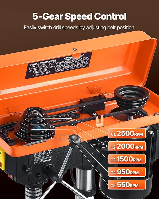 VEVOR 10 in Benchtop Drill Press, 6.2A Induction Motor, Tabletop Drilling Machine with 610/940 / 1500/2150 / 2800 RPM Adjustable Speed, 0-45° Tilting Worktable, LED Work Light, for Wood Metal