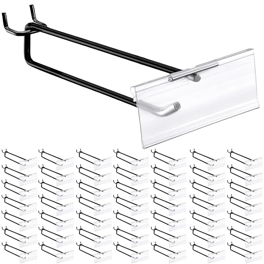 Tandefio 100 Pack 8 Inch Black Metal Peg Board Hooks with Clear Plastic Label Holder Stainless Steel Display Pegboard Hooks for 1/8'' to 1/4'' Pegboard Wall for Garage Storage Retail Shop Supplies