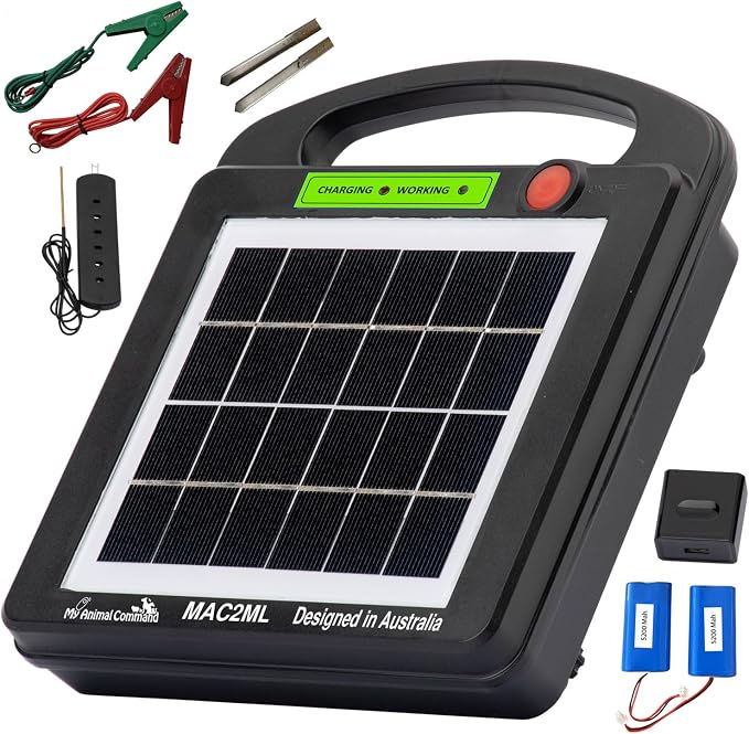 Solar Powered Electric Fence with Lithium Battery Energizer Containment & Protection of Livestock Horses Cattle Sheep Pets Easy Install Charger 0.2 Joules Output (6-9KV)