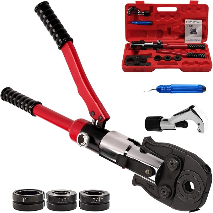 Copper Pipe Crimping Tool,Hydraulic Crimping Tool with 1/2", 3/4", 1" Jaws,Copper Tube Fittings Pipe Crimpers for Narrow Spaces and Tee Fittings