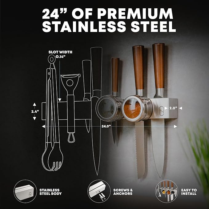 24" Magnetic Knife Holder for Wall with 2x Storage - Safe, Patented Design - Stainless Steel Knife Magnetic Strip, Under Cabinet Knives Storage - Magnet Strip Rack Kitchen Utensil Organizer