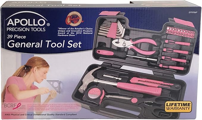 Apollo Tools Original 39 Piece General Household Tool Set in Toolbox Storage Case with Essential Hand Tools for Everyday Home Repairs, DIY and Crafts - Pink Ribbon - DT9706P