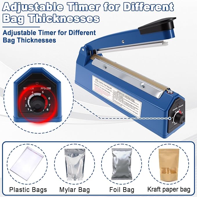 8 Inch Impulse Sealer, Manual Heat Sealer Machine for Mylar Bags, Shrink Wrap Bag Sealers Sealing Machine for Plastic PE PP Bags with 3 Free Replacements Kit Element Grip, Blue