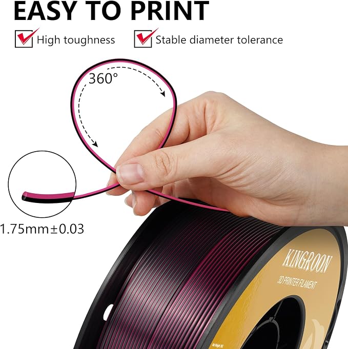 Kingroon PLA 3D Printer Filament, Dual Color Silk PLA Filament, Dimensional Accuracy +/- 0.03 mm, 1kg Spool(2.2lbs), 1.75 mm, Black Red