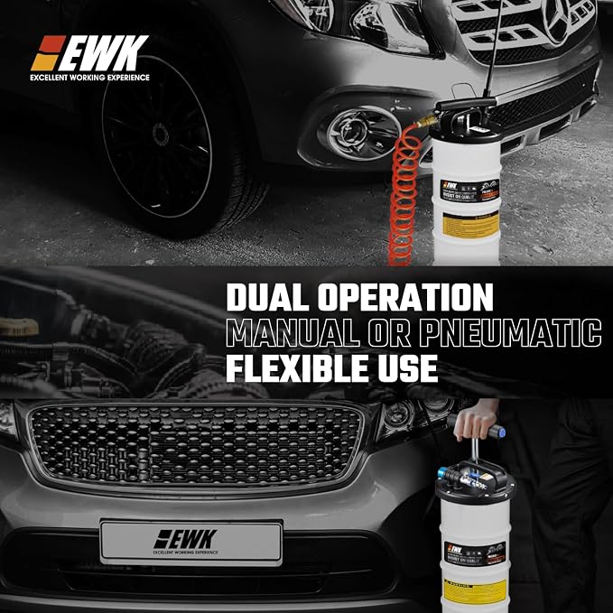 EWK Oil Change Bundle, 6.5L Pneumatic/Manual Fluid Extractor Pump + Flexible Reusable Funnel, Complete DIY & Pro Kit for Clean, Fast, Mess-Free Engine Maintenance