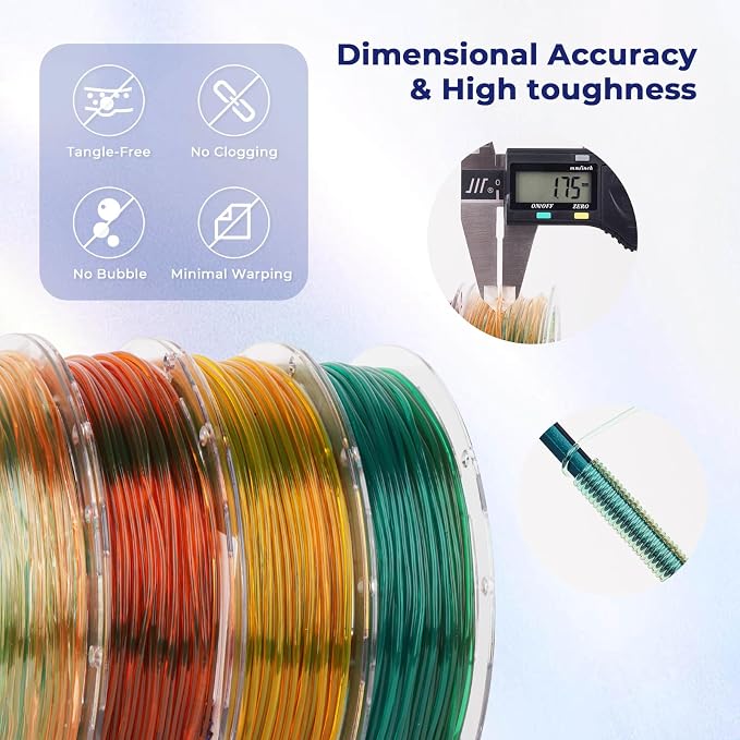 AMOLEN TPU 3D Printer Filament Bundle, Transparent Multicolor Rainbow TPU 1.75mm, Color Change Flexible Soft TPU 3D Printing Filament Supports High Speed, 200gX4 Spools