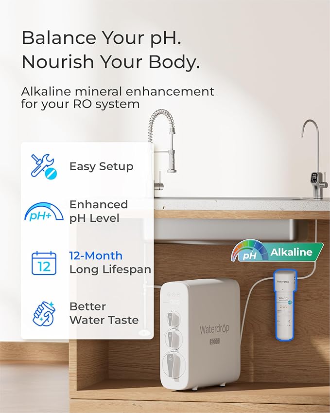 Waterdrop ALK16 Alkaline Water Filter System for Sink, Mineralizing Water | 3/8" Quick Connect, Compatible with G3 Series & G5 Series & K6 RO Systems, NSF/ANSI 372 Certified, Under Sink Installation