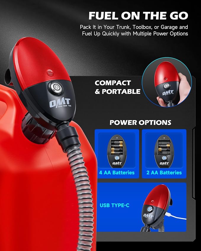 Orion Motor Tech Electric Fuel Transfer Pump with Auto-Shutoff, 3.2GPM Gas Can Pump, 51" Hose, USB-C & AA Battery (NO BATTERIES INCLUDED) Powered, 4 Adapters for Gasoline, Diesel, Kerosene, Red