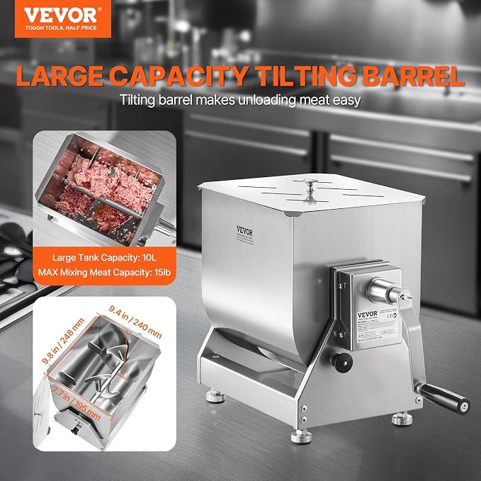 VEVOR Manual Meat Mixer, 10L Tilt Tank – Heavy Duty Stainless Steel Hand Mixer for Ground Beef & Sausage, Max 15lb Mixing Meat Capacity, with Gear Box and Lid Handle