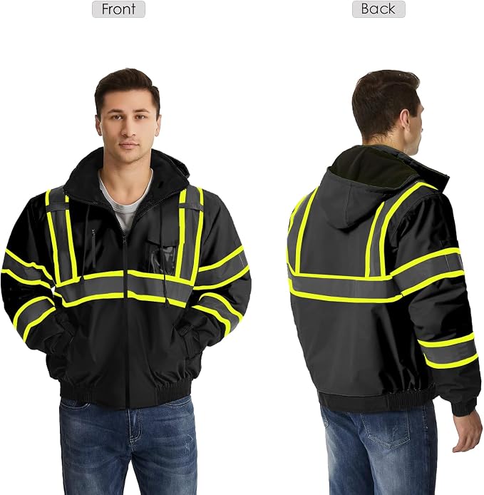 SKSAFETY High Visibility Reflective Jackets for Men, Waterproof Class 3 Safety Jacket with Pockets, Hi Vis Black Coats with Black Bottom, Mens Work Construction Coats for Cold Weather, 5XL,Black
