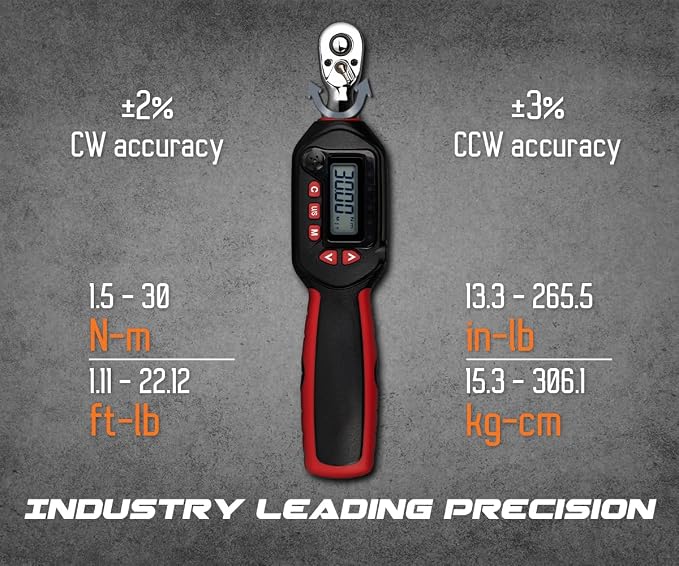 Tapha Tools 1/4 inch Compact Digital Torque Wrench 1.11-22.12 ft-lbs (1.5-30 N-m) Torque Range ±2% Accuracy, LED and Buzzer, Preset Memory, ISO 6789 Tested and Calibrated