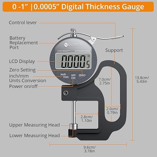 Neoteck Digital Thickness Gauge 1inch/25.4mm,0.0005inch/0.01mm LCD Display with Inch/MM Conversion One-Hand Quick Press Thickness Measuring Tool for Leather Paper Fabric Film etc.-Silver-Grey