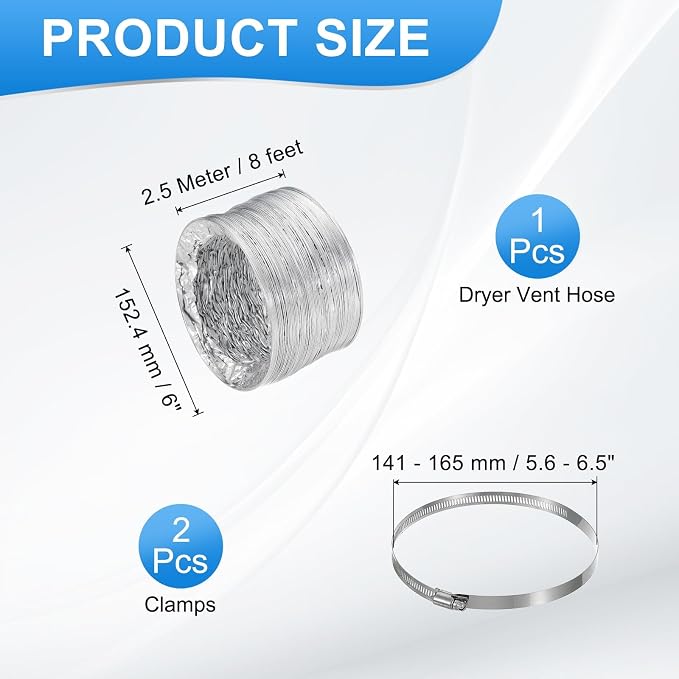 PATIKIL 8 Feet Dryer Vent Hose, 6 Inch Diameter Flexible Aluminum Ducting Flex Air Ducting Dryer Vent 2 Clamps Included for Heating Ventilation Air Conditioning, Silver