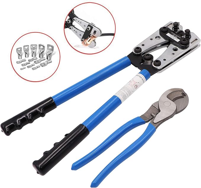 Battery Cable wire Lug Crimping Tool for AWG 8-1/0 terminals with Cable Cutter and 20PCS Tubular Ring Terminal Connectors and 20PCS 3:1 Dual Wall Adhesive Heat Shrink Tubing