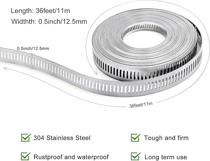 Hose Clamps, DIY 36 FT Metal Strap + 15 Fasteners, Hose Clamps Stainless Steel, Large Adjustable Hose Clamp Pipe Clamp for Pipe Automotive Mechanical Applications