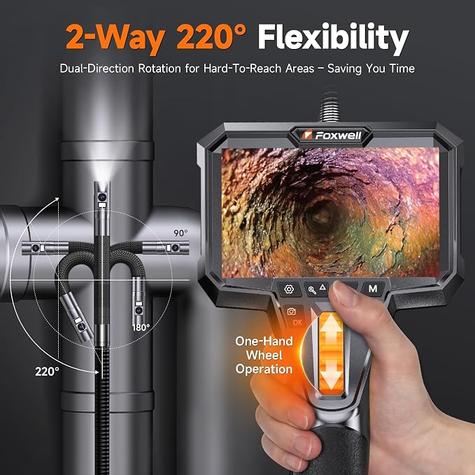 FOXWELL Dual Lens Two-Way Articulating Borescope, 1080P Endoscope Camera with Light, IPS HD Screen, IP67 Waterproof, 5.3FT Flexible Semi-Rigid Snake Scope for Automotive Engine Pipe Home Inspection