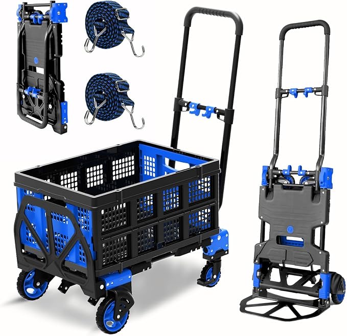 2-in-1 Hand Truck Dolly with Folding Basket, 330LB Heavy Duty Carrying Portable Handtruck, Folding Hand Dolly with 4 Wheels&Retractable Handle for Moving, Luggage, Shopping, Office