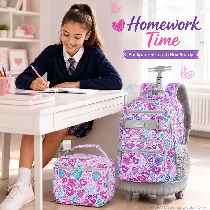 3Pcs Rolling Backpack for Girls Women, Travel Roller Backpacks with Wheels for Adults, Teens College Love Wheeled Bookbag with Lunch Box(Ash Powder)
