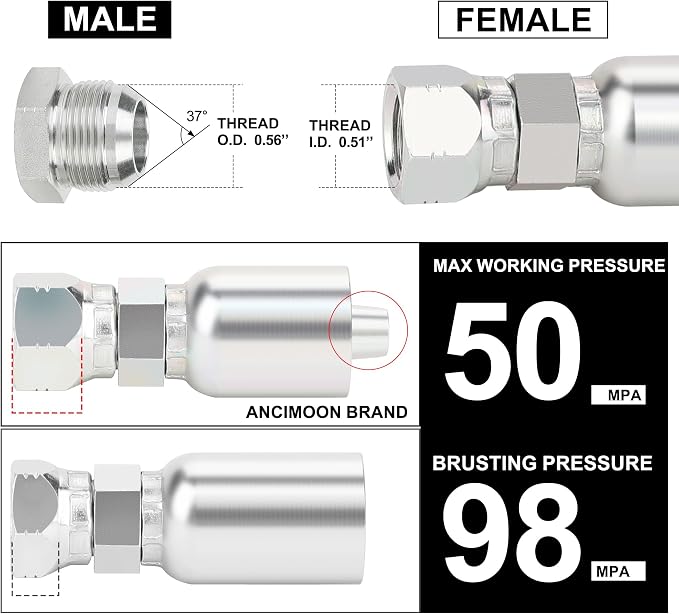 3/8’’ Hose x 3/8’’ JIC 37 Degree Female Swivel Hydraulic Hose Crimp Fittings, 10PCS Set for Single Wire Hydraulic Hose