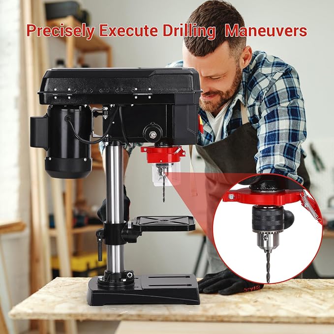 8 Inch Benchtop Drill Press, 2.5A Mini Drill Machine, Tabletop Drilling Machine with 5 Speed Adjustable, Swing Distance 0-45° Tiltling Worktable for Wood Metal