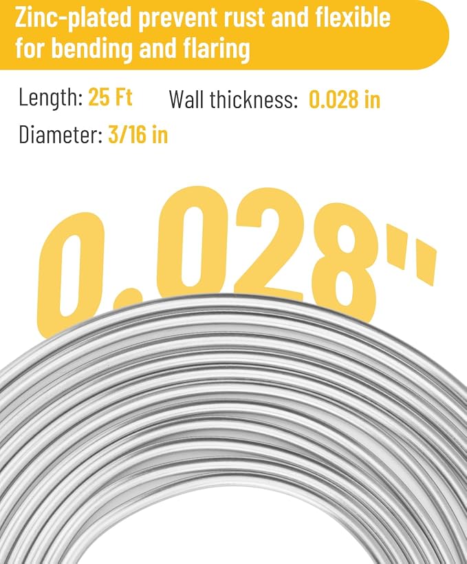 25 ft 3/16in Zinc-Plated Brake Line Flaring Tool Kit, Includes 3-in-1 Tube Bender, Double & Single Flaring Tool Set, 1 Tube Cutter, 2 Threads Unions, 20 Fittings