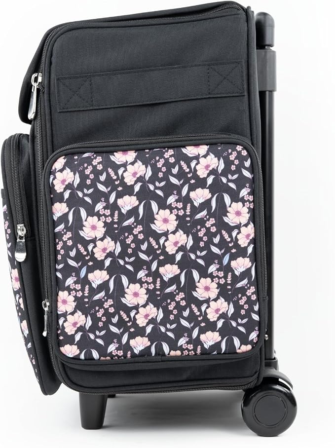 Everything Mary Rolling Scrapbook Tote – Black & Floral Trim Foldable Craft Organizer Tote for Scrapbooking Supplies, Art Tools, Paper & Accessories – Portable Storage Bag