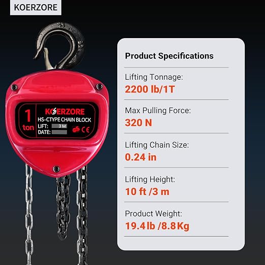 1 Ton Hand Chain Hoist 2200 Lbs Capacity 10ft Lift Manual Come Along Winch with G80 Steel Chain & Dual Hooks for Engine Lift, Warehouses, Automotive, Machinery