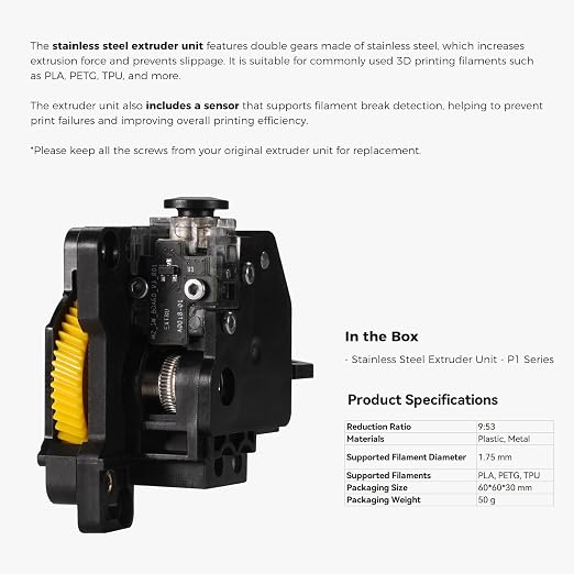 ENOMAKER Bamboo Lab P1 Extruder Unit for P1P,P1S 3D Printer,High-Extrusion Force Stainless Steel Dual Gear with Filament Break Detection,Anti-Slip Complete Toolhead Extruder Assembly Replacement Parts