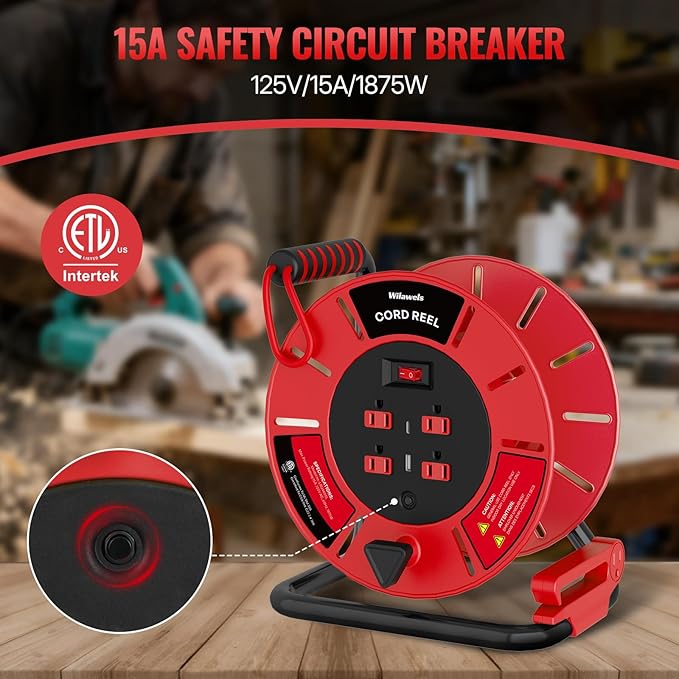 18W LED Work Light and Extension Cord Storage Reel with 4-Grounded Outlet & 2 USB Port Bundle, for Garage, Workshop, Car Repair Scene, ETL Listed Y04WL06-R85CR06