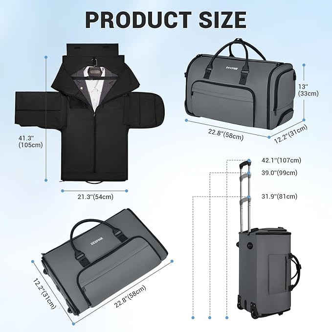 DEVPNR Rolling Garment Bags for Travel, 59L Rolling Duffle Bag with Wheels and Shoe Compartment for Men and Women, 3 in 1 Carry on Convertible Travel Garment Bag with Wheels, Gray