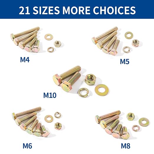 1100cs Grade 8.8 Metric Bolts and Nuts Assortment Kit, M4, M5, M6, M8, M10 Heavy Duty Hex Bolts and Nuts Kit, Assorted Nuts, Bolts, Flat & Lock Washers, Yellow Zinc Plated, Length from 12-40 mm